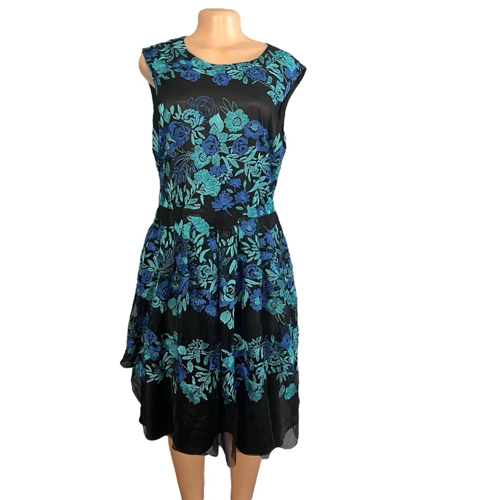 Tahari Dress Embroidered Lace Fit and Flare Black Blue Floral Tulle